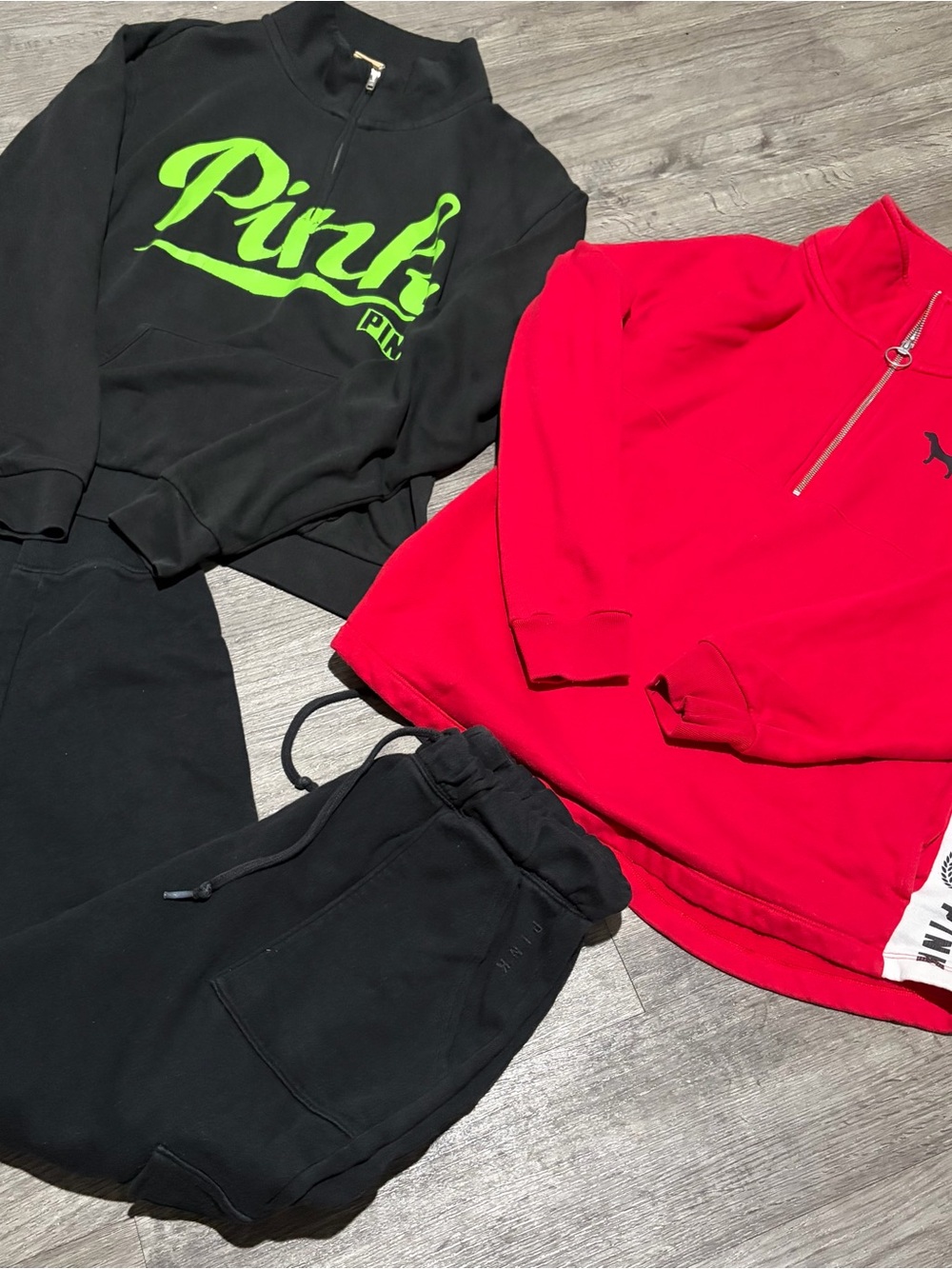PINK Victoria's Secret Black Pullover with Neon Green Logo & Red Quarter-Zip